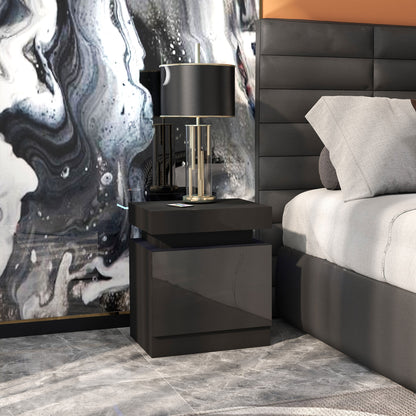 Black Bedside Table with LED Light, High Gloss Front Nightstand with 2 Drawers, for Living Room, Bedroom