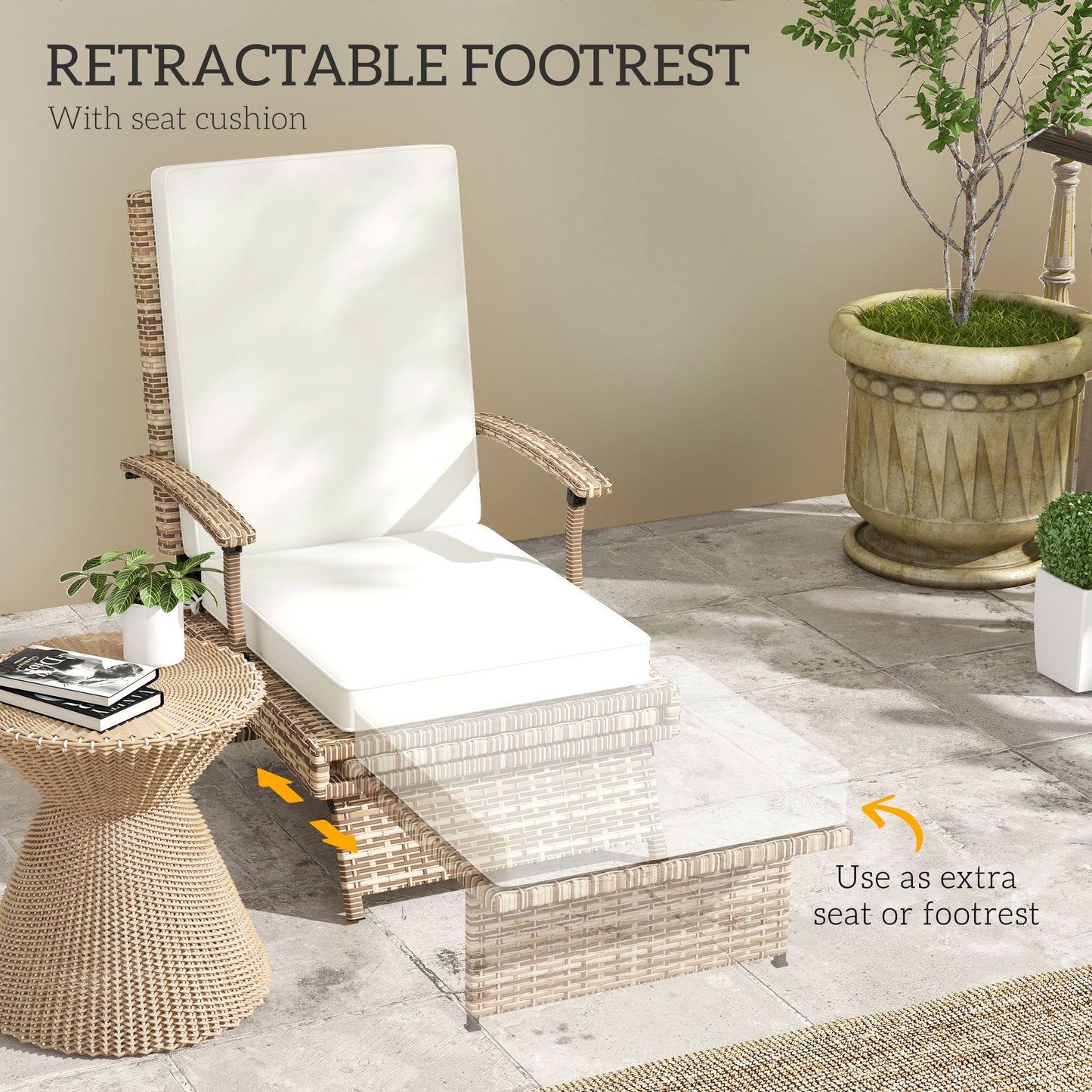 Outdoor PE Rattan Recliner Chair W/ Cushion, Foldable Design Garden Recliner W/ Footrest and Adjustable Back with 80° Recline, Light Brown
