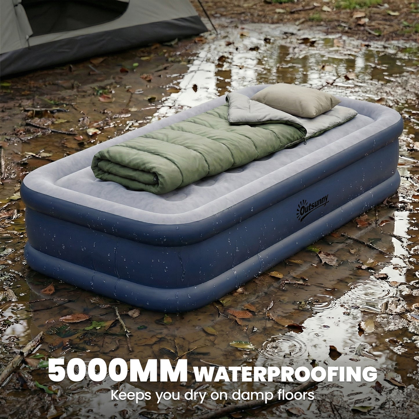 Single Inflatable Air Bed | Built-In Electric Pump | 3 Min Inflate | Flocked Top | 5000mm Waterproof | 200kg | 190x97x39cm | Carry Bag Included | Grey