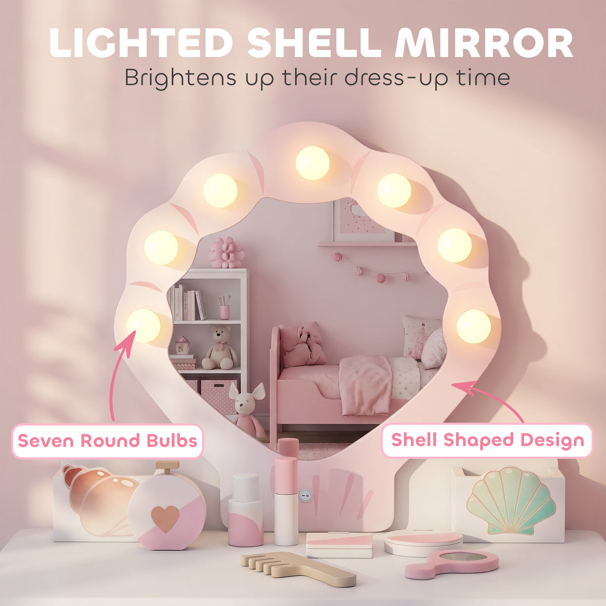 Kids Vanity Set | Dressing Table & Chair | Lighted Acrylic Mirror | 7 Accessories | 2 Storage Compartments | Ages 3–8 | Pink
