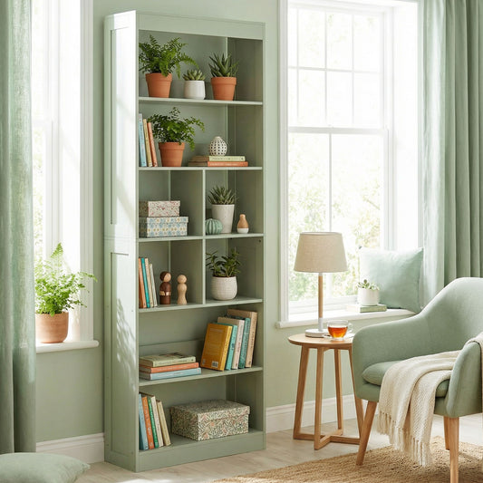 6-Tier Bookcase | 4 Open Shelves & 4 Cubes | 180cm Tall | Anti-Tip Hardware & Back Baffles | Water & Scratch-Resistant Melamine | 35kg Total 5kg Per Tier | 68x24x180cm | Bean Paste Green