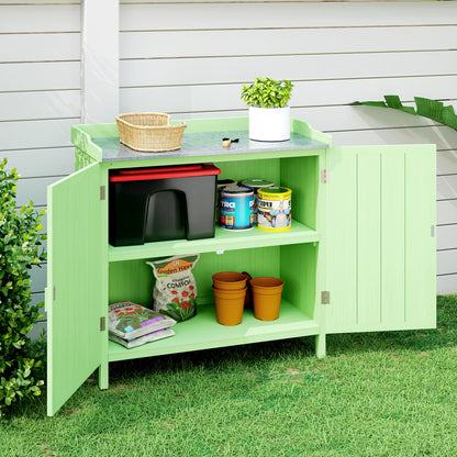 Wood Garden Storage Cabinet, Outdoor Tool Shed, Potting Bench Table with galvanised Top and Two Shelves, Green