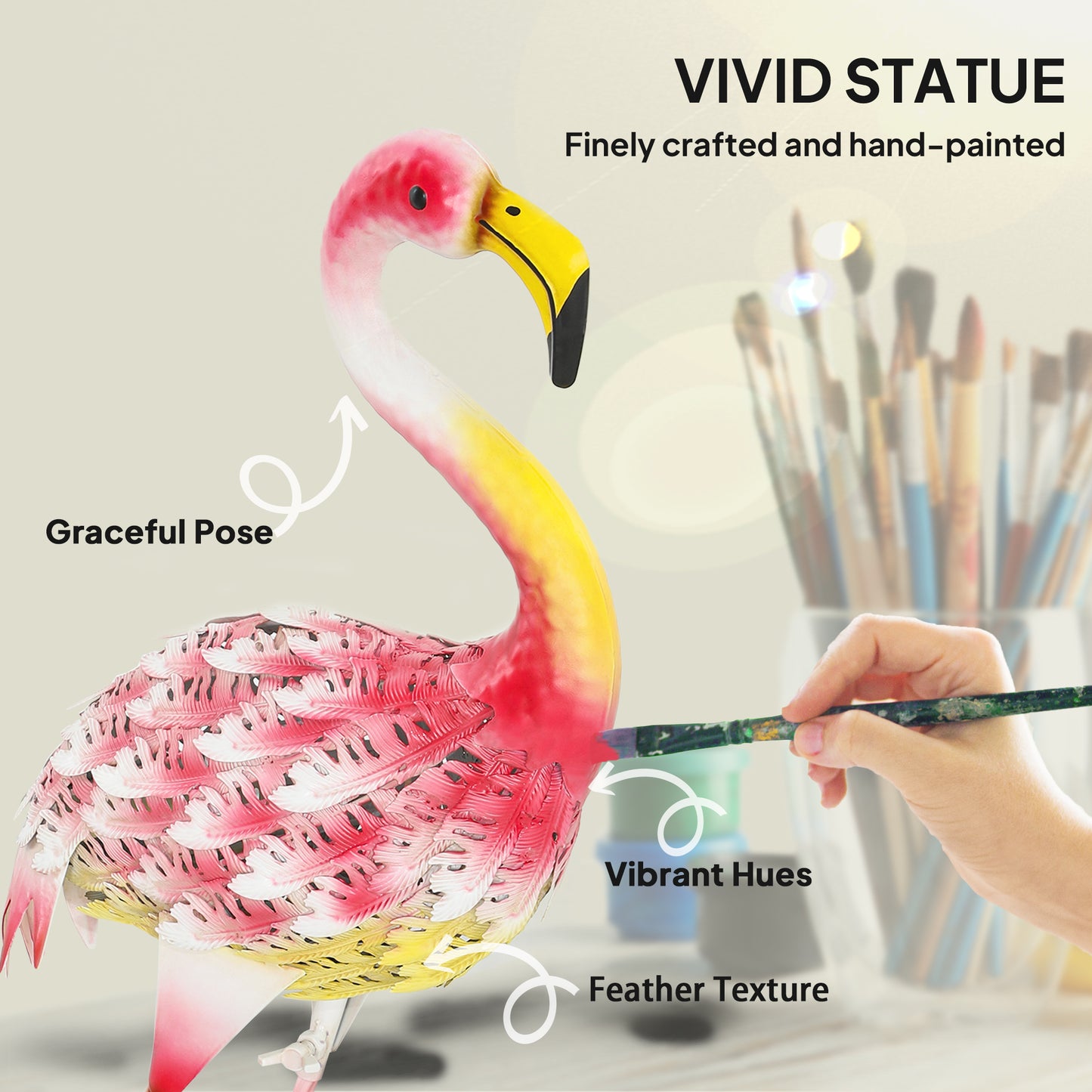 Flamingo Garden Statue Ornament, Metal Bird Art Outdoor Statue, Standing Sculpture Gift with Ground Stakes for Pond Landscape Decoration, Pink