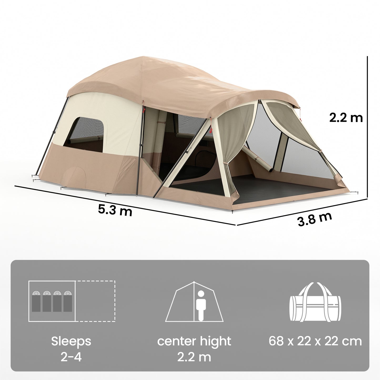4-Person Cabin Camping Tent | 2 Rooms | 220cm Standing Height | 4 Skylights | 3000mm Waterproof | Sets Up in 5-15 Mins | 530 x 380 x 220cm | Brown & Khaki