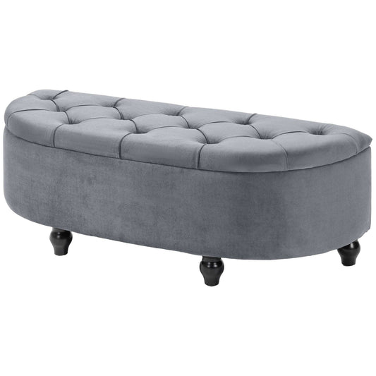 Semi-Circle Bed End Bench Ottoman W/ Storage Tufted Upholstered Accent Seat Footrest Stool with Rubberwood Legs for Bedroom & Entryway