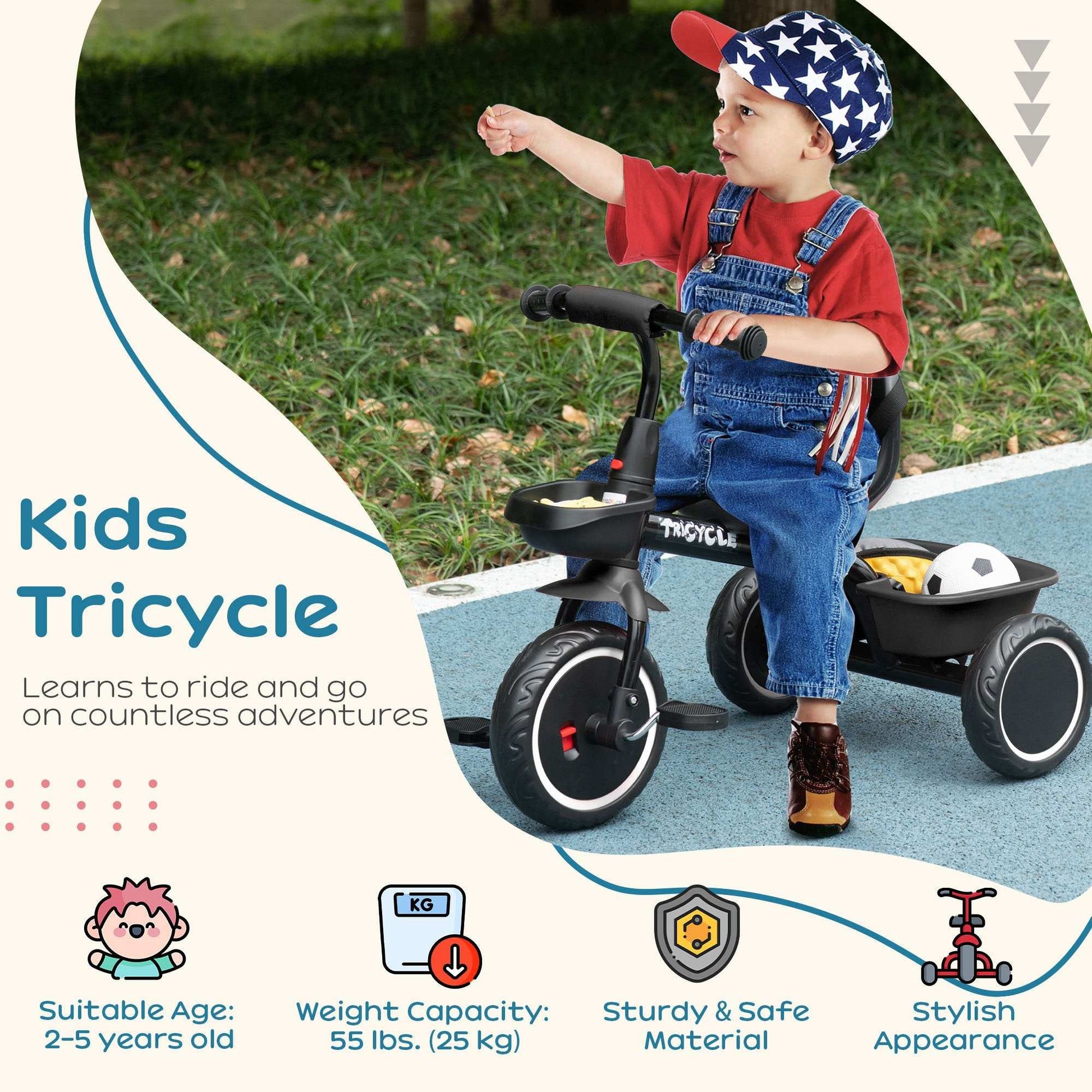 AIYAPLAY Kids Trike for 2-5 Years with Adjustable Seat, Pedal, Baskets
