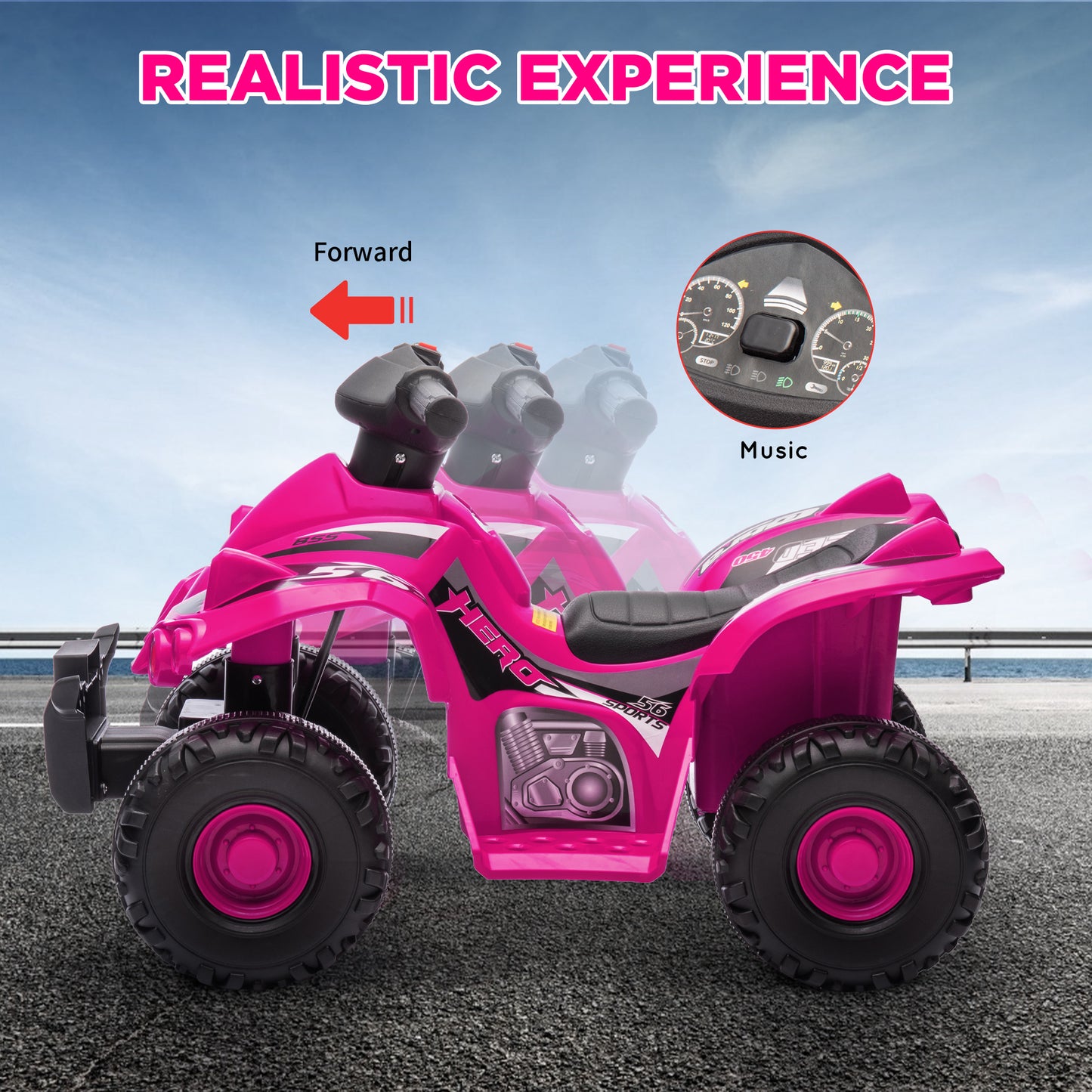 AIYAPLAY 6V Kids Electric Quad Bike w/ Music, Forward Function, for 2-6 Years, Pink - Black