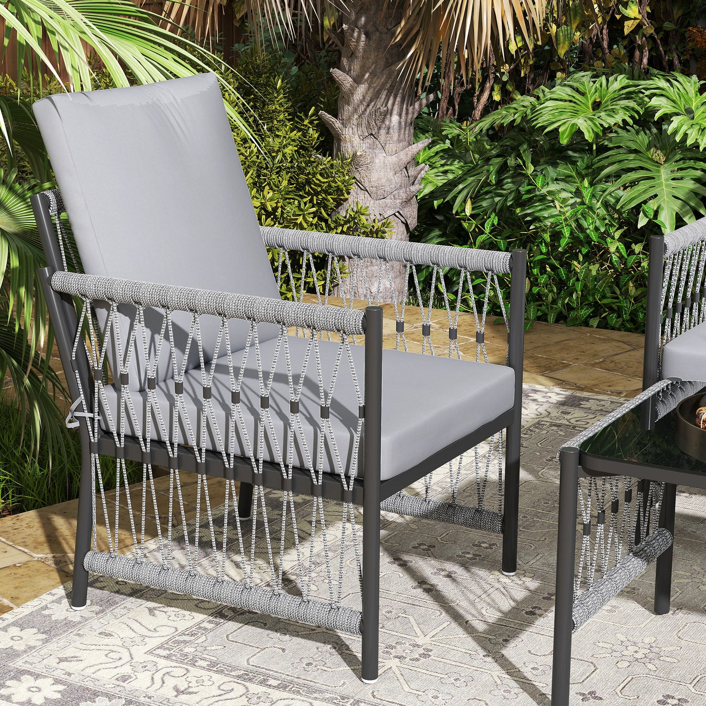 Outsunny 4 Piece Rattan Garden Furniture Set, 4 Seater Wicker Patio Conversation Set with 2 Armchairs, Loveseat, Glass Top Coffee Table and Cushions