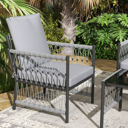 Outsunny 4 Piece Rattan Garden Furniture Set, 4 Seater Wicker Patio Conversation Set with 2 Armchairs, Loveseat, Glass Top Coffee Table and Cushions