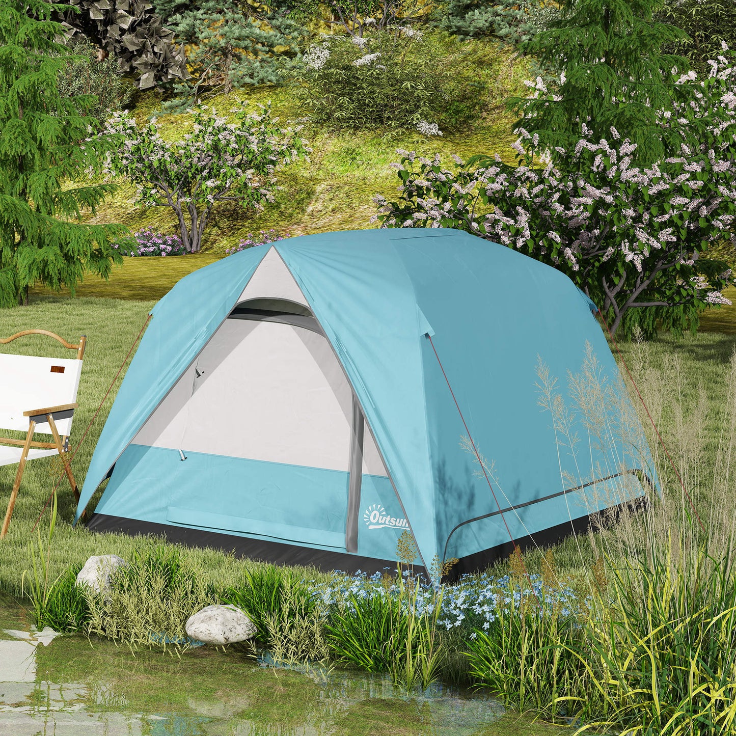 3-4 Person Camping Tent, Easy Set Up Waterproof Dome Tent with Sewn-in Groundsheet, Mesh Windows, Pocket and Hook for Camping, Light Blue