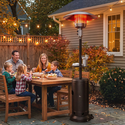 Outsunny Gas Patio Heater with Side Table | Brown Metal | 5-13kW Stepless | 30m² Coverage | Piezo Ignition | Tip-Over Protection | Propane Butane | 40cm Table | Tank Cabinet | 81x81x221cm