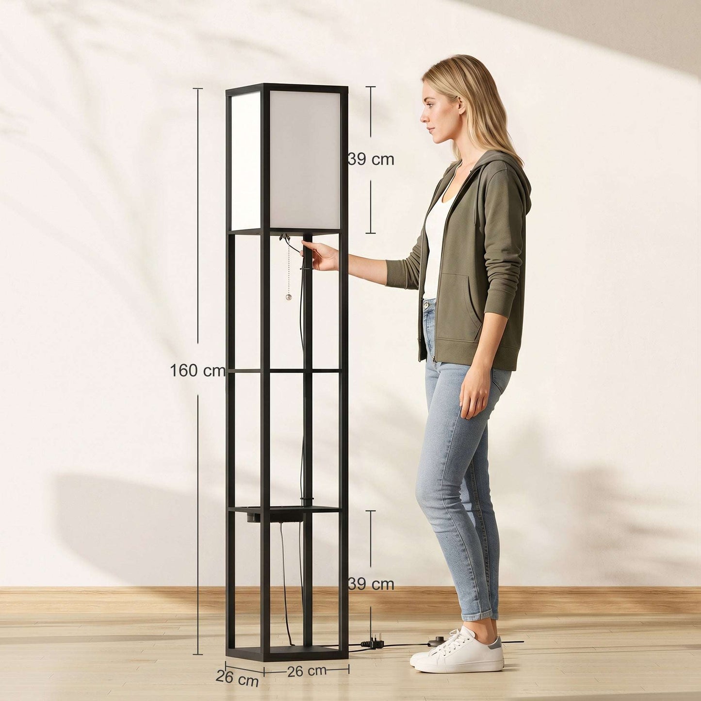 Floor Lamp with 3 Shelves | Column Design | MDF | E27 LED Included | Foot Switch | 160cm | 2.5kg per Tier | Black