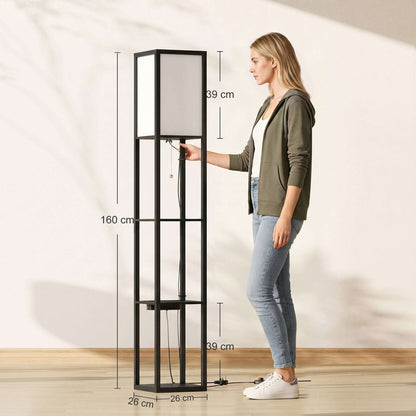 Floor Lamp with 3 Shelves | Column Design | MDF | E27 LED Included | Foot Switch | 160cm | 2.5kg per Tier | Black
