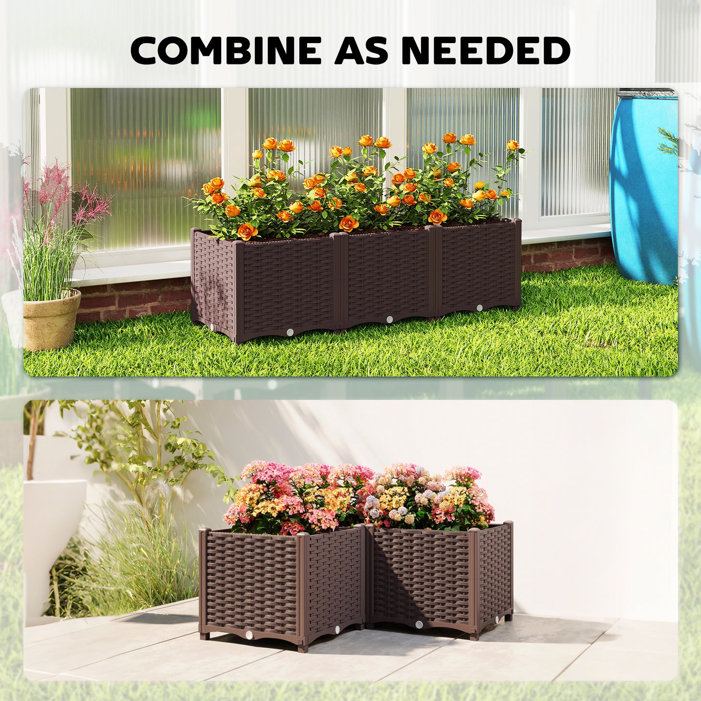Modular Self-Watering Raised Planter Boxes | Built-In Reservoir | Drainage Holes & Plugs | Rattan-Style PP | Fade Resistant | 20kg Capacity | 120x40x37cm | Brown