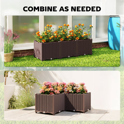 Modular Self-Watering Raised Planter Boxes | Built-In Reservoir | Drainage Holes & Plugs | Rattan-Style PP | Fade Resistant | 20kg Capacity | 120x40x37cm | Brown
