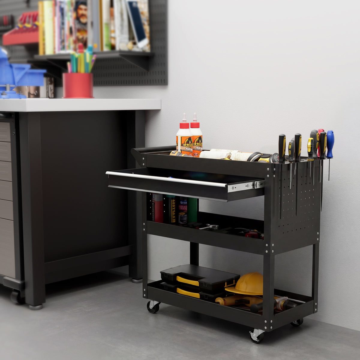 3-Tier Steel Tool Trolley Cart with Rolling Wheels & Brakes | 3 Storage Trays | Side Handle | 60kg Total Capacity | Scratch & Corrosion Resistant | 82x35x76cm | Garage Workshop | Assembly Required | Black
