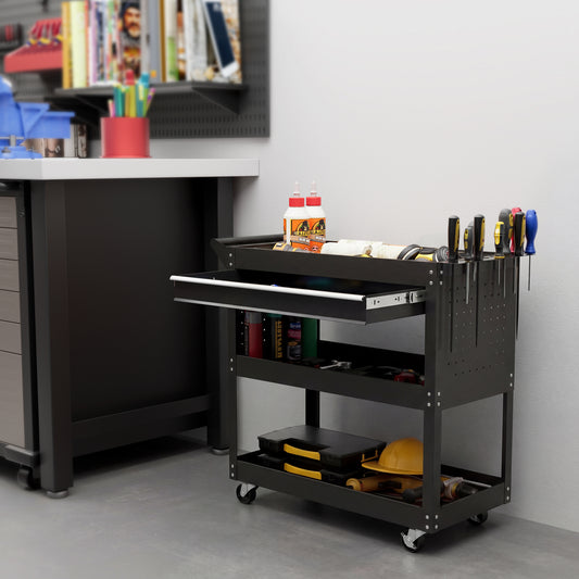 3-Tier Steel Tool Trolley Cart with Rolling Wheels & Brakes | 3 Storage Trays | Side Handle | 60kg Total Capacity | Scratch & Corrosion Resistant | 82x35x76cm | Garage Workshop | Assembly Required | Black