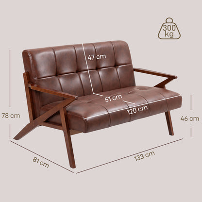 Retro Compact 2 Seater Sofa, Vintage Tufted Loveseat Sofa with Solid Wood Legs, PU Leather Small Couch Settee for Living Room, Bedroom, Home Office, 133 x 81 x 785 cm, Brown