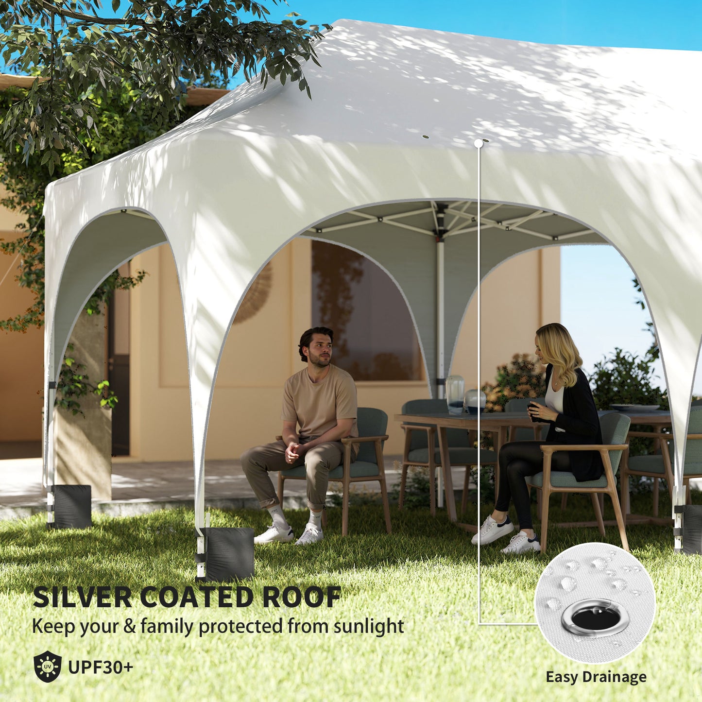 3x6m Peak-Top Pop-Up Party Gazebo | 15-20 People | UPF30+ 210D Oxford Fabric | 6 Sidewalls | 4 Windows & 2 Zipper Doors | 3 Height Settings | 12 Drainage Holes | Stakes, Ropes & Sandbags | Carry Bag | Light Grey & White