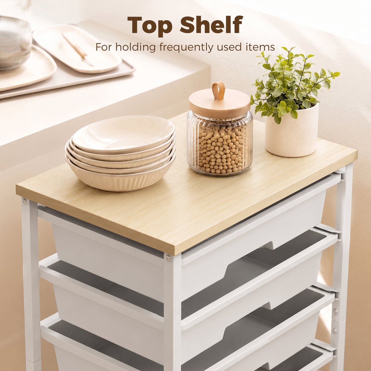 6-Tier Storage Trolley on Wheels | 5 Pull-Out Drawers | Rolling Kitchen Cart | White