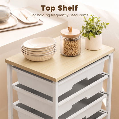 6-Tier Storage Trolley on Wheels | 5 Pull-Out Drawers | Rolling Kitchen Cart | White