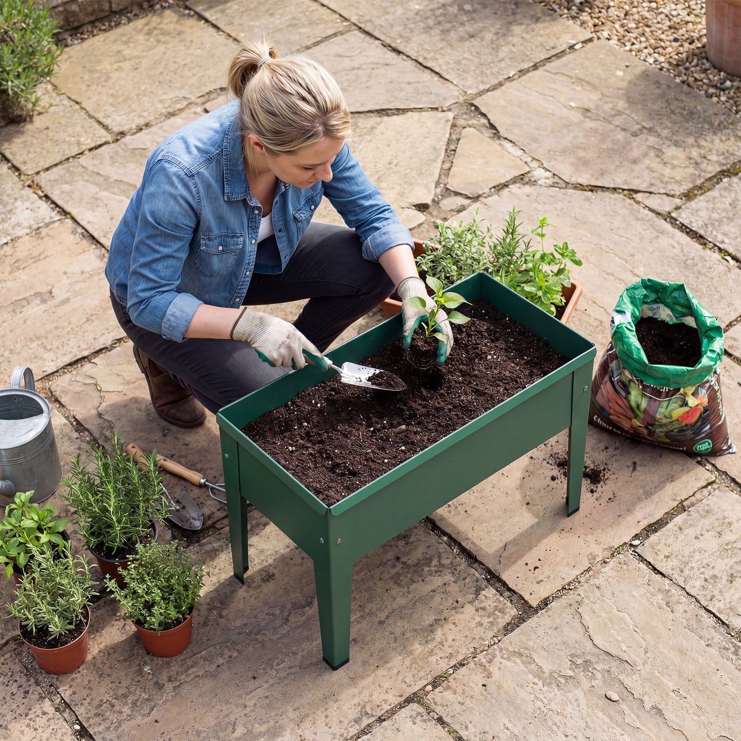 Metal Raised Garden Planter on Legs | Powder-Coated | Drainage Hole | Rubber Feet | 20kg Capacity | 20L Soil | Ideal for Balconies & Patios | 60x27x45cm | Green