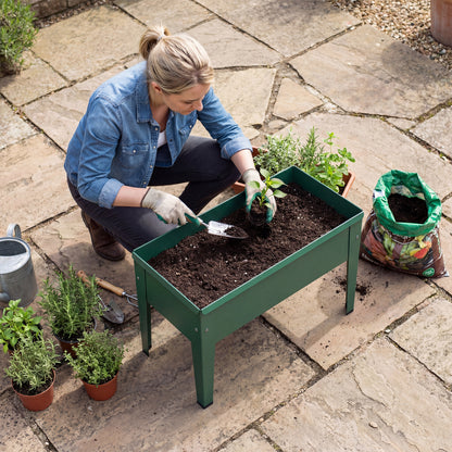 Metal Raised Garden Planter on Legs | Powder-Coated | Drainage Hole | Rubber Feet | 20kg Capacity | 20L Soil | Ideal for Balconies & Patios | 60x27x45cm | Green
