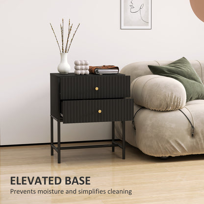 Set of 2 Bedside Tables | Ridged Drawers | Gold Handles | Metal Base | Black | 48x60cm