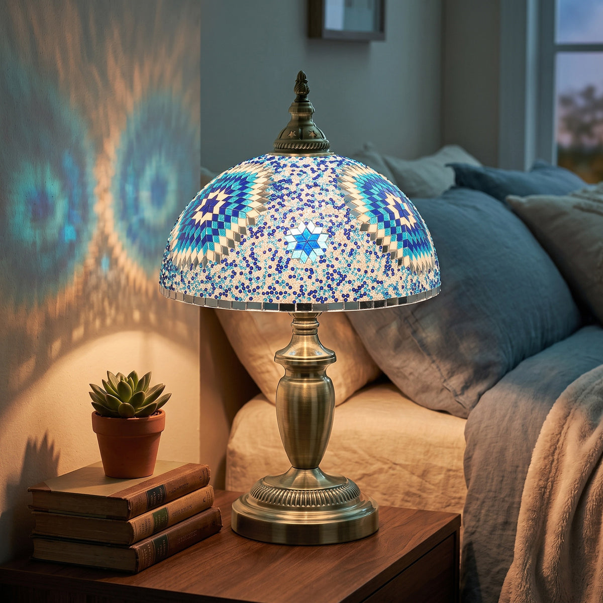Tiffany-Style Stained Glass Bedside Table Lamp | Blue Coloured Glass Shade | Bronze-Tone Electroplated Frame | E27 Max 40W | Inline Switch | 1.5m Cable | 30x30x50cm | Blue