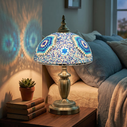 Tiffany-Style Stained Glass Bedside Table Lamp | Blue Coloured Glass Shade | Bronze-Tone Electroplated Frame | E27 Max 40W | Inline Switch | 1.5m Cable | 30x30x50cm | Blue