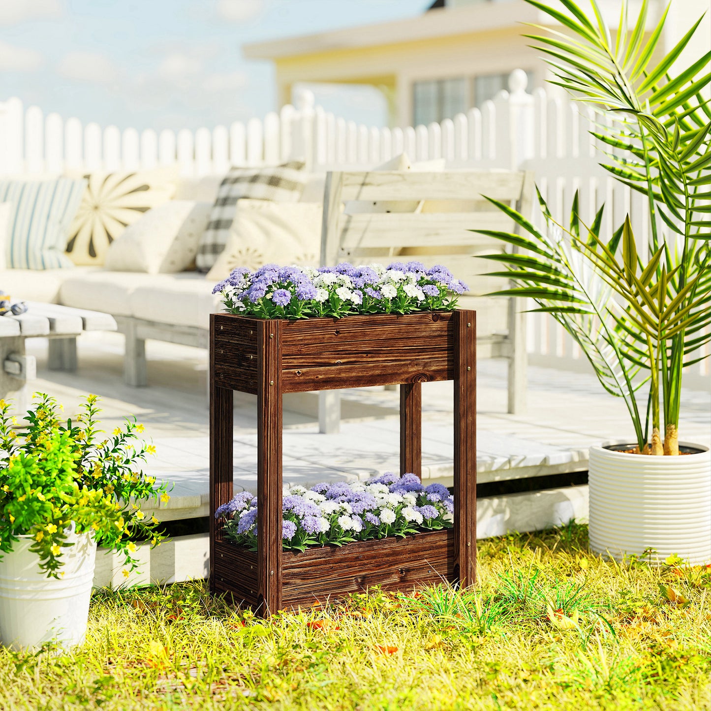 2-Tier Wooden Raised Planter, Raised Garden Bed on Legs with Drainage Holes and Bed Liner, Elevated Garden Planter