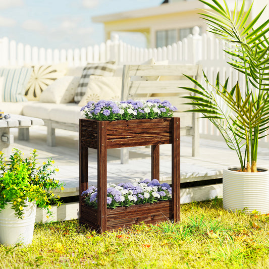 2-Tier Wooden Raised Planter, Raised Garden Bed on Legs with Drainage Holes and Bed Liner, Elevated Garden Planter
