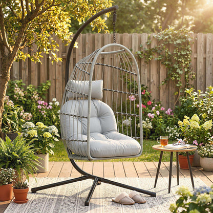 Hanging Egg Chair with Stand | 15cm Cushion, Headrest & Safety Strap | Foldable | 120kg | Light Grey