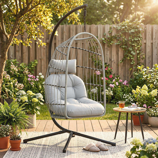 Hanging Egg Chair with Stand | 15cm Cushion, Headrest & Safety Strap | Foldable | 120kg | Light Grey