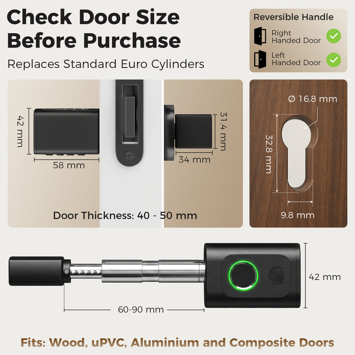 5-in-1 Smart Door Cylinder | Fingerprint | Password | NFC Card | Tuya App | Mechanical Key | Euro Profile | uPVC & Composite | Reversible | Bluetooth 10m | 3xAAA | 4.2x4.2x16cm | Black