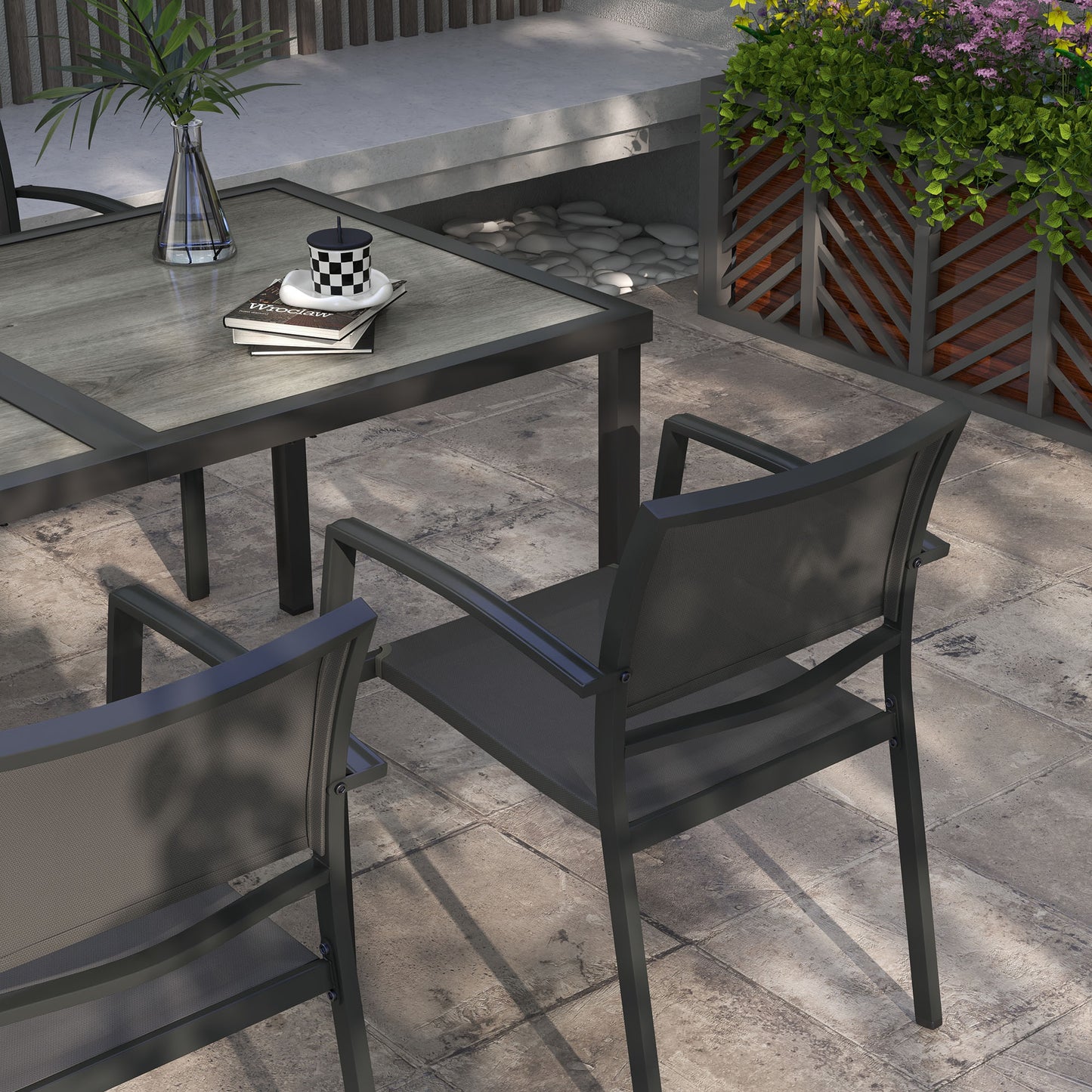 5-Piece Garden Dining Set | 150cm Wood-Effect Table | 4 Stackable Mesh Armchairs | Powder-Coated Steel | 120kg Per Chair | Rustic Design | 150 x 87 x 72cm | Grey
