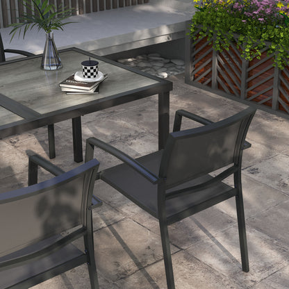 5-Piece Garden Dining Set | 150cm Wood-Effect Table | 4 Stackable Mesh Armchairs | Powder-Coated Steel | 120kg Per Chair | Rustic Design | 150 x 87 x 72cm | Grey