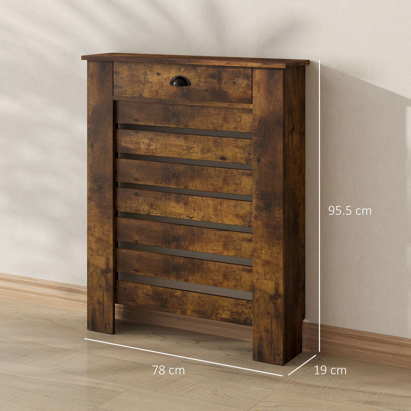 MDF & Particle Board Radiator Cover with 1 Drawer | Slatted Design | Skirting Board Cut-Outs | Easy-Fix Clips | Wood-Effect Top | 5kg Drawer Capacity | 78x19x95.5cm | Rustic Brown