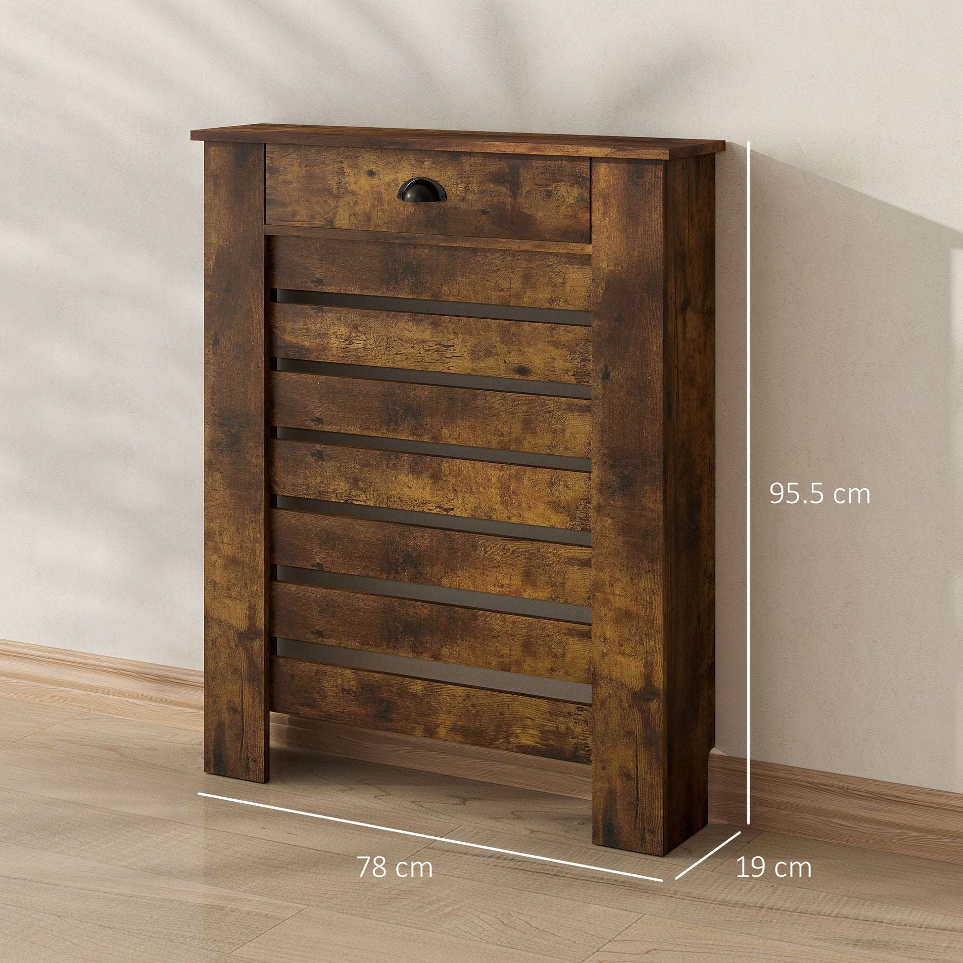 MDF & Particle Board Radiator Cover with 1 Drawer | Slatted Design | Skirting Board Cut-Outs | Easy-Fix Clips | Wood-Effect Top | 5kg Drawer Capacity | 78x19x95.5cm | Rustic Brown