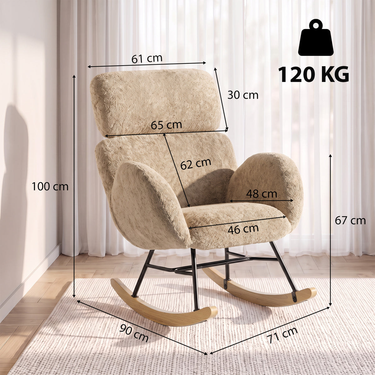 Upholstered Rocking Chair with 8cm Adjustable Headrest | 105° Rocking Motion | Raindrop Velvet High-Density Foam | Steel Plywood Frame Rubberwood Legs | 120kg Capacity | BS5852 | Light Brown | 71x90x100cm | Assembly Required