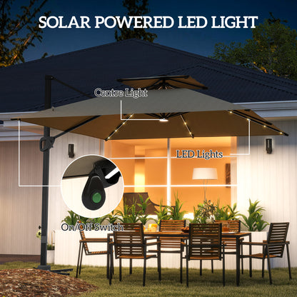Outsunny 3.5x3 m Garden Cantilever Parasol with Solar LED Lights and Centre Light, Aluminium Large Square Patio Umbrella, UPF50+ Hanging Sun Shade with Cross Base