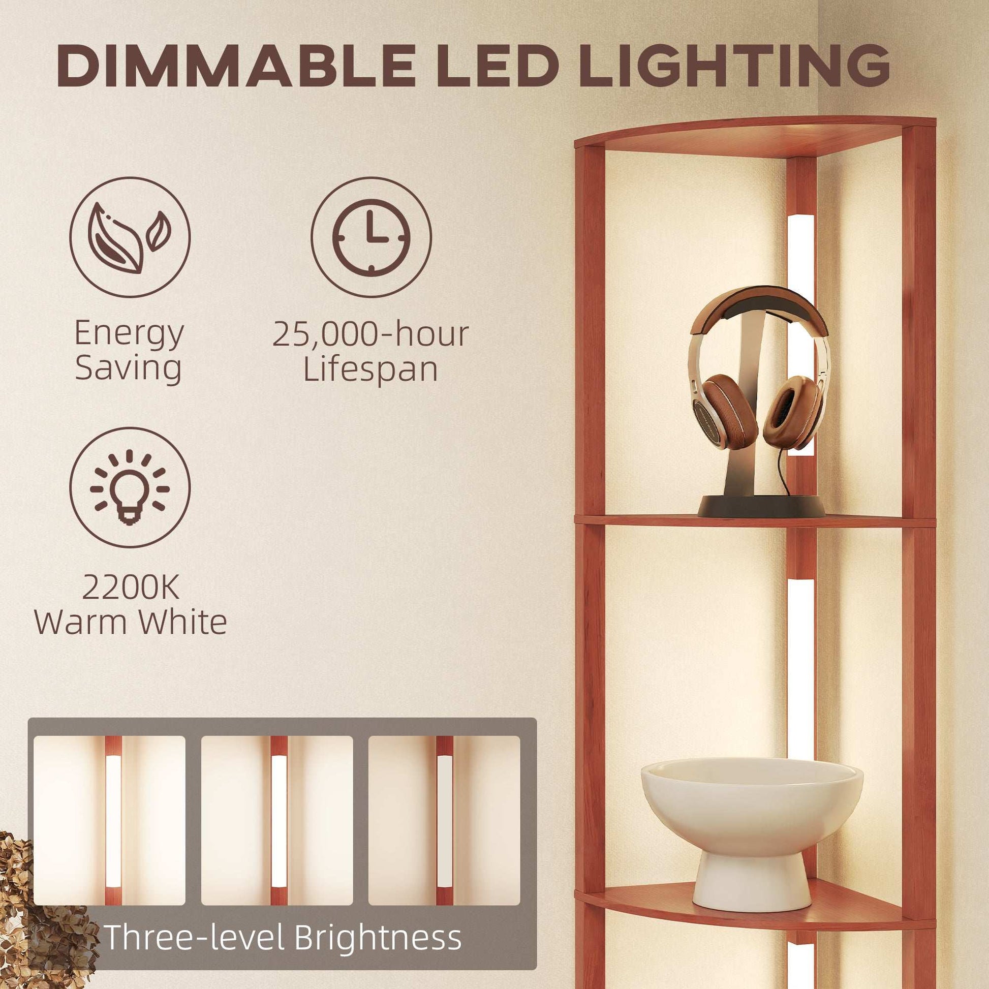 Corner Floor Lamp for Living Room Bedroom with Dimmable Warm White LED Light, Modern Tall Standing Lamp, Brown