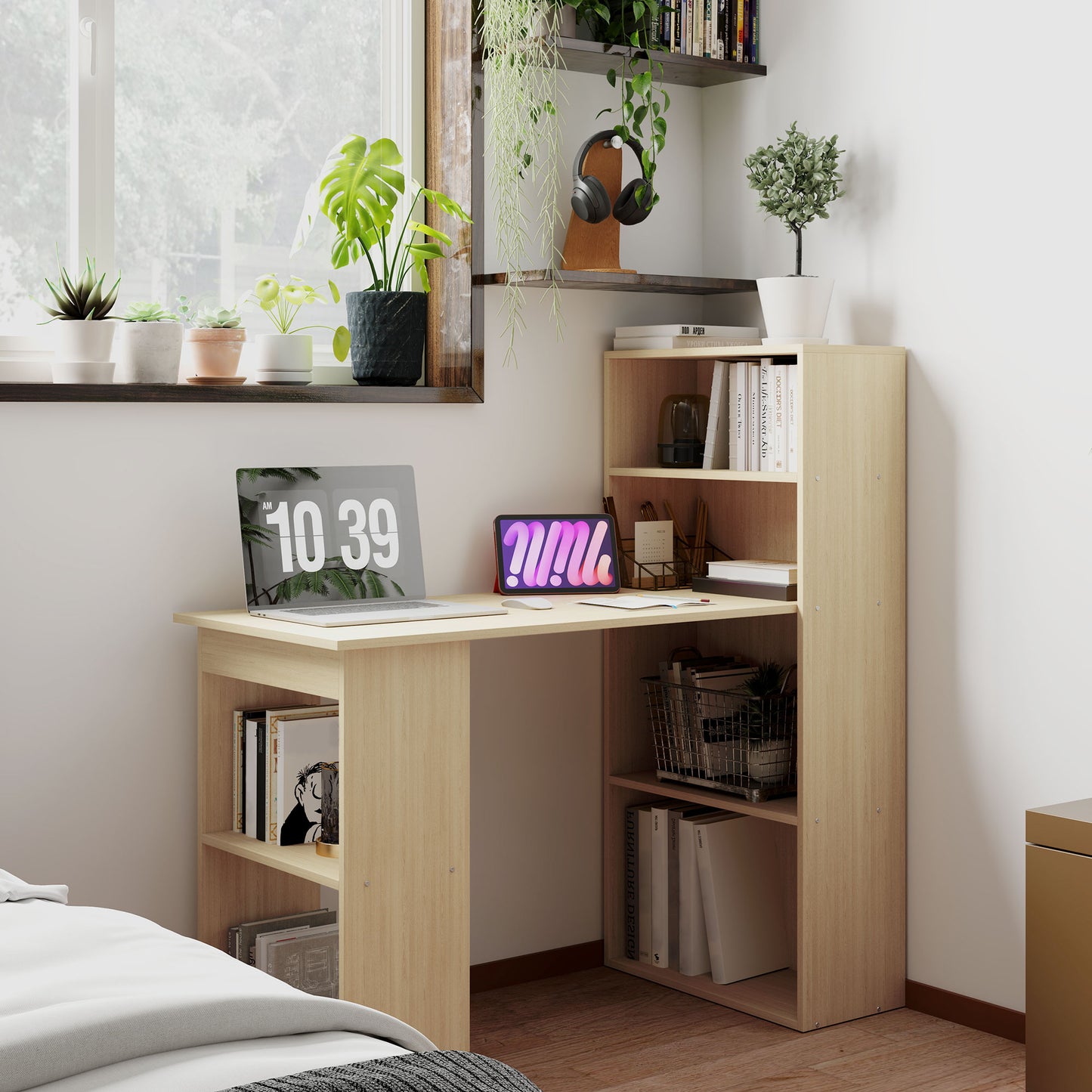 120cm Modern Computer Desk Bookshelf Study Table Workstation PC Laptop Writing Home Office 6 Shelves, Natural Wood Finish