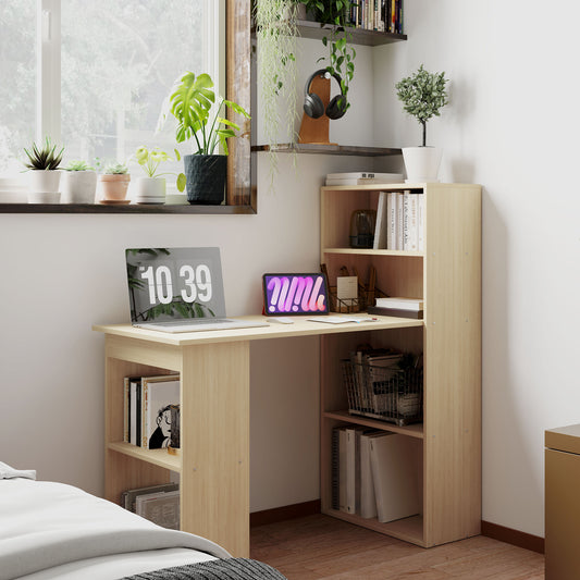 120cm Modern Computer Desk Bookshelf Study Table Workstation PC Laptop Writing Home Office 6 Shelves, Natural Wood Finish