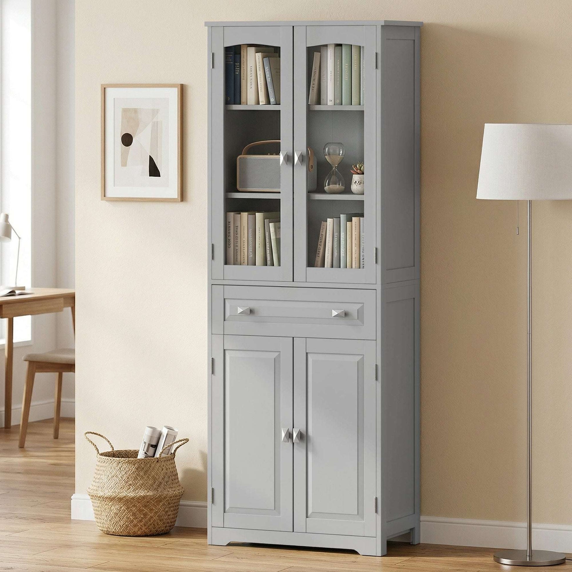 Freestanding Kitchen Cupboard, Storage Cabinet with 2 Adjustable Shelves, Drawer and Glass Door for Living Room, Grey