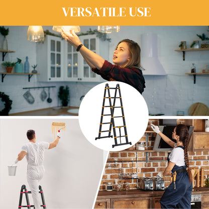 3.8M Duo Aluminium Ladder w/ Tool Holder Herringbone Deployed Extendable DIY w/ 12 Non-Slip Steps, Yellow
