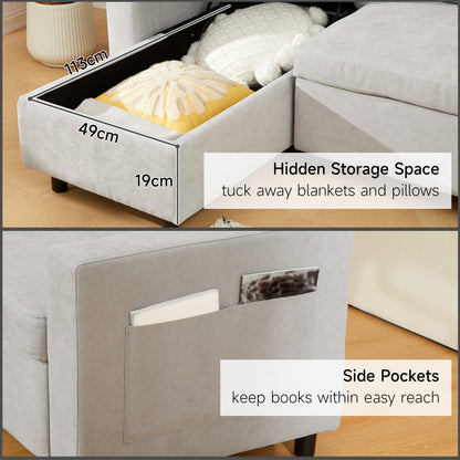 Three Seater L Sofa Bed, with Storage - Light Grey