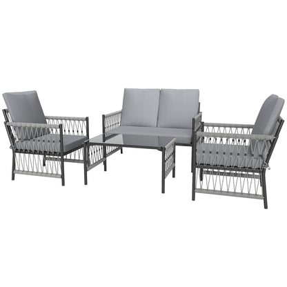 Outsunny 4 Piece Rattan Garden Furniture Set, 4 Seater Wicker Patio Conversation Set with 2 Armchairs, Loveseat, Glass Top Coffee Table and Cushions