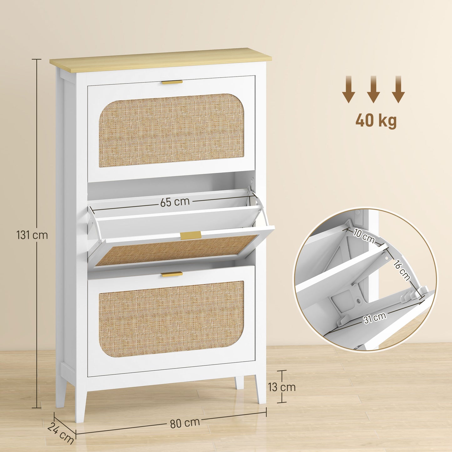 Boho Narrow Shoe Cabinet | 3 Flip Drawers | Rattan Doors | Oak-Effect Top | 21 Pairs | Adjustable Shelves | Anti-Tip Kit | 40kg Capacity | 80x24x131cm | White