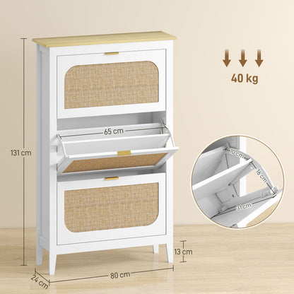 Boho Narrow Shoe Cabinet | 3 Flip Drawers | Rattan Doors | Oak-Effect Top | 21 Pairs | Adjustable Shelves | Anti-Tip Kit | 40kg Capacity | 80x24x131cm | White